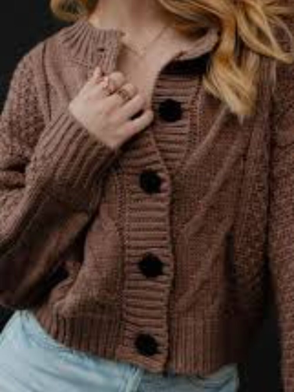 Panache Chunky Cable Knit Cardigan in Brown with Black Buttons